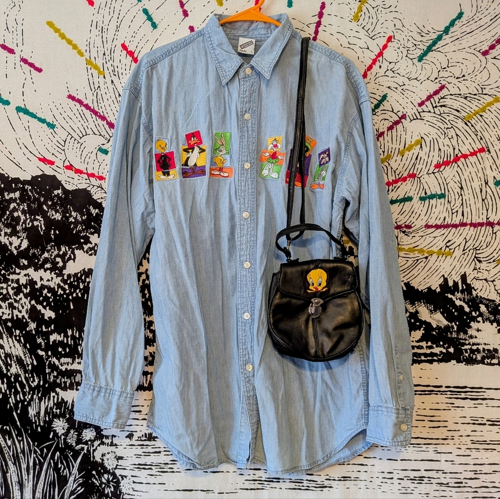 Vintage 90s Looney Tunes Denim Embroidered Button Up Blouse and Tweety Purse